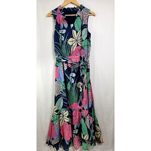Talbots Maxi Dress Size 6 Tropical Floral Sleeveless Belted Voile Hibiscus
